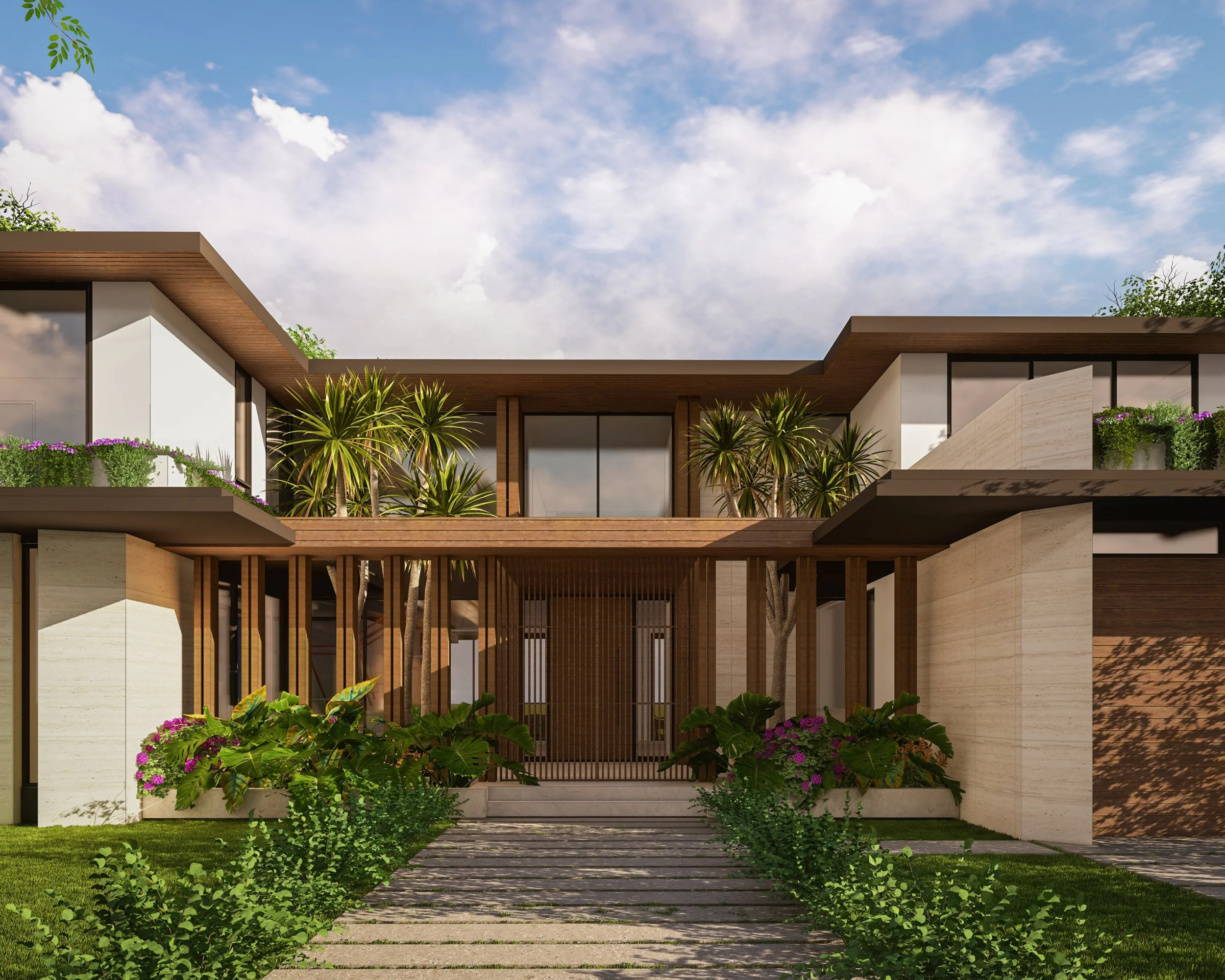 Modern house with large glass windows, wooden accents, and lush green landscaping, including palm trees and flowering plants.