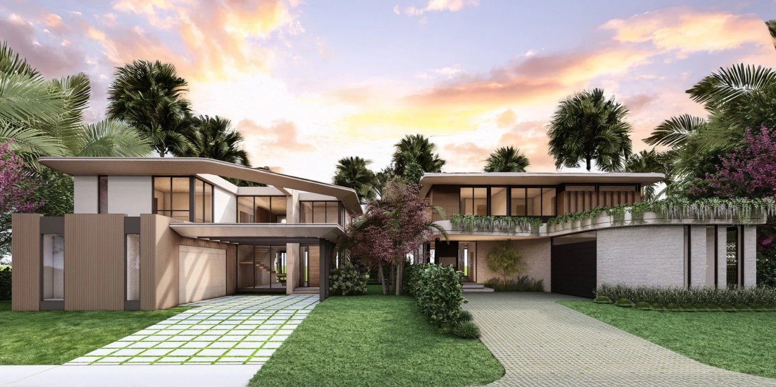 Modern residential house with large glass windows, surrounded by lush greenery and tall palm trees.
