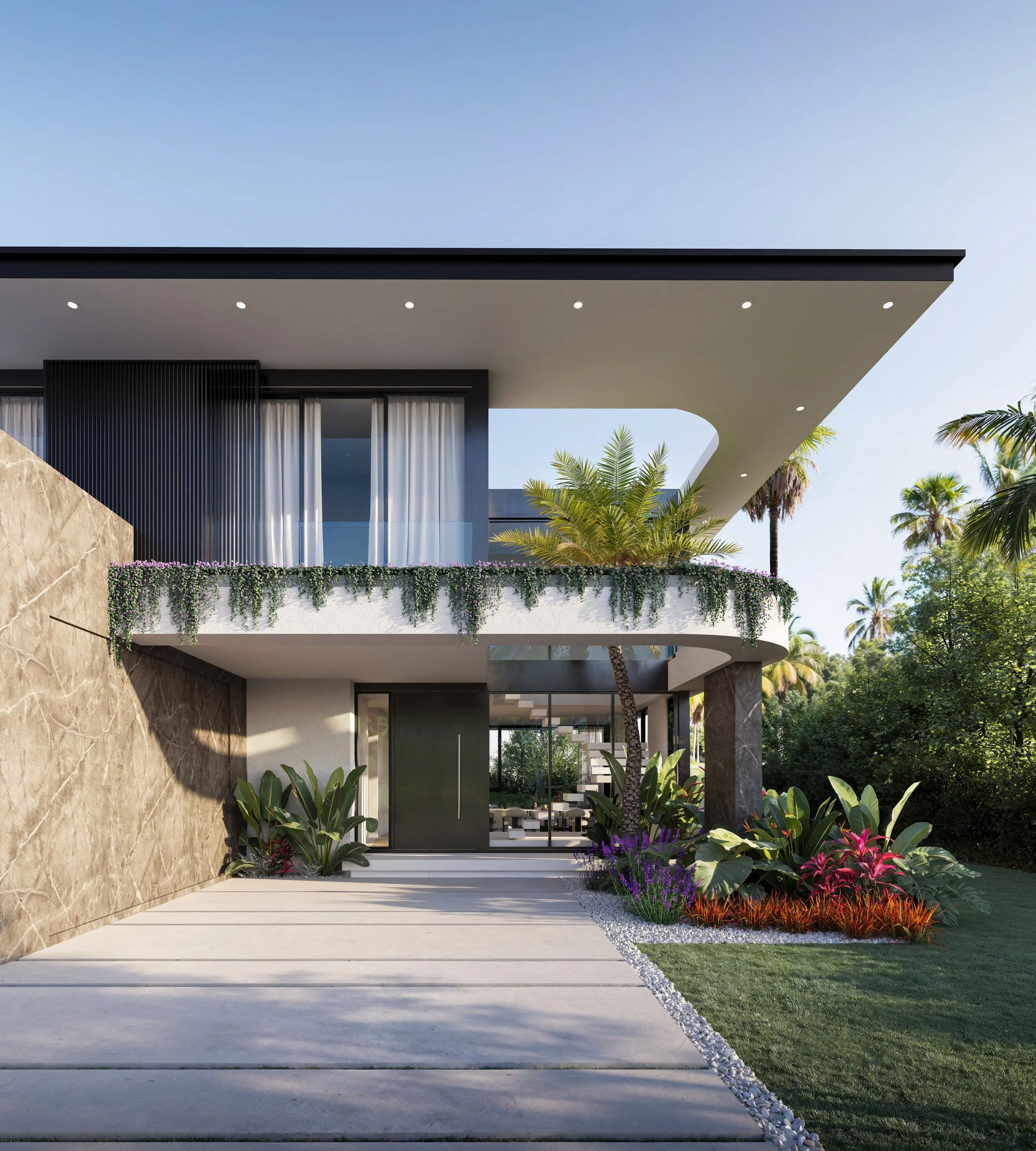 Modern house exterior with a driveway, tropical plants, and a balcony with hanging greenery.