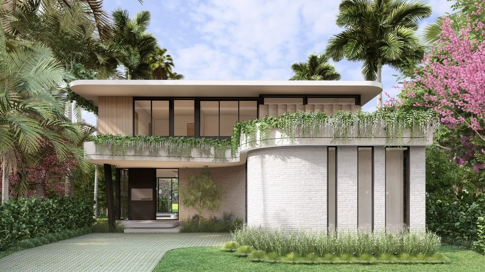 Modern two-story house with large glass windows, surrounded by lush greenery and palm trees, under a partly cloudy sky.