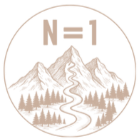Mountain landscape with trees and a river, circular emblem with the text 'No 1' at the top.
