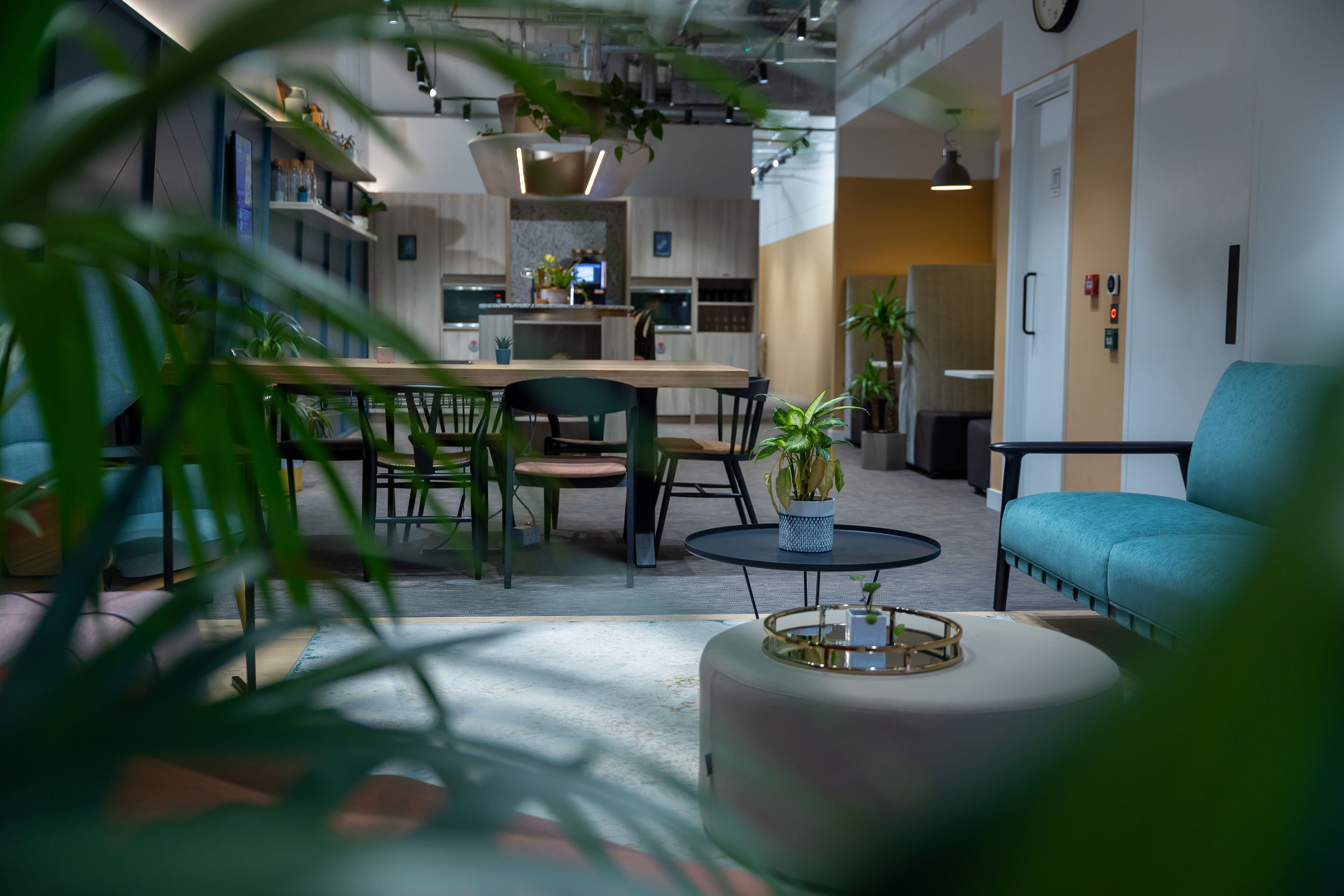 Modern lobby or lounge area with a sitting chair, coffee table, and potted plants, viewed through blurred green leaves in the foreground.