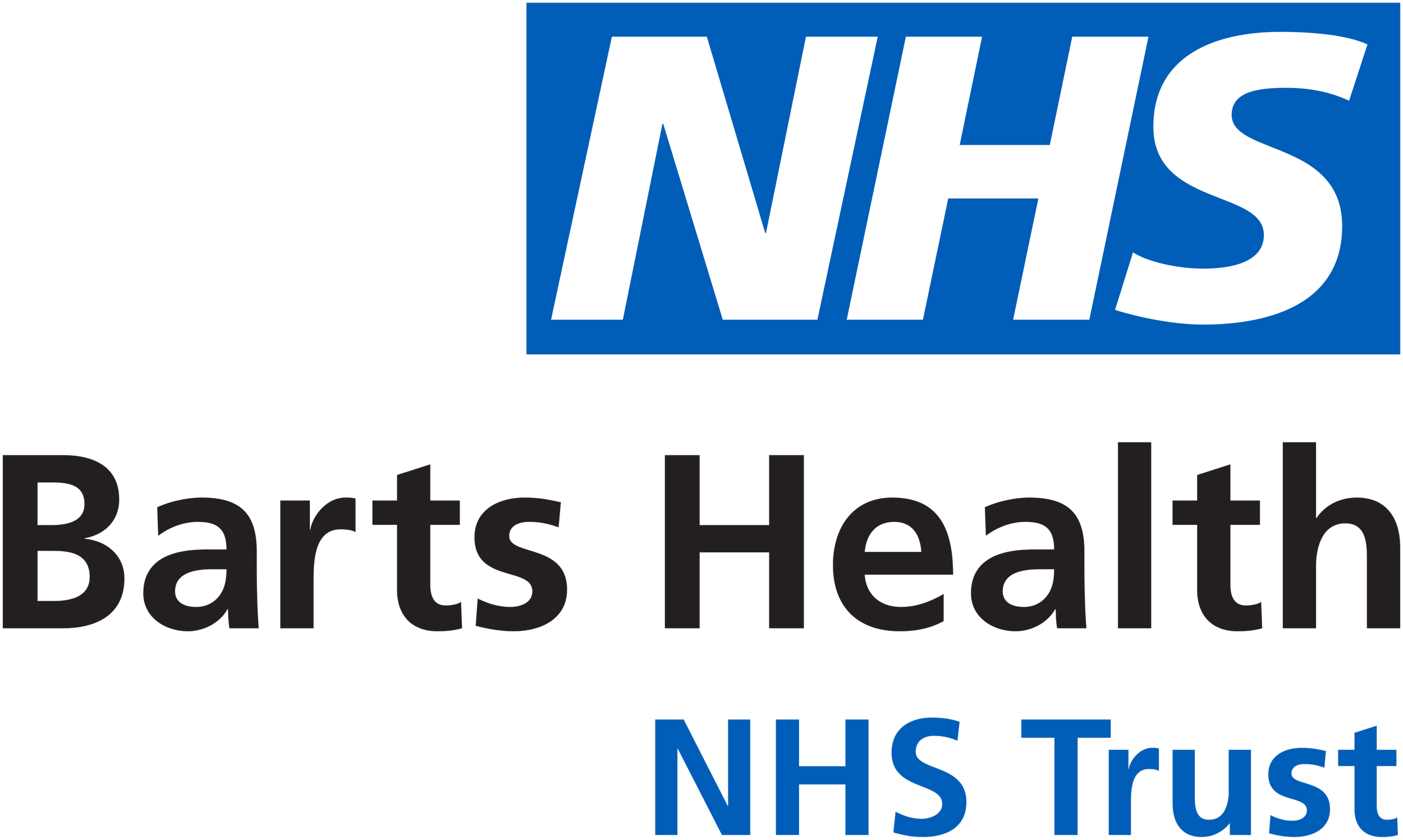 The logo of NHS Barts Health NHS Trust, featuring the NHS acronym in large white letters on a blue background, with the text "Barts Health" and "NHS Trust" below in black and blue respectively.