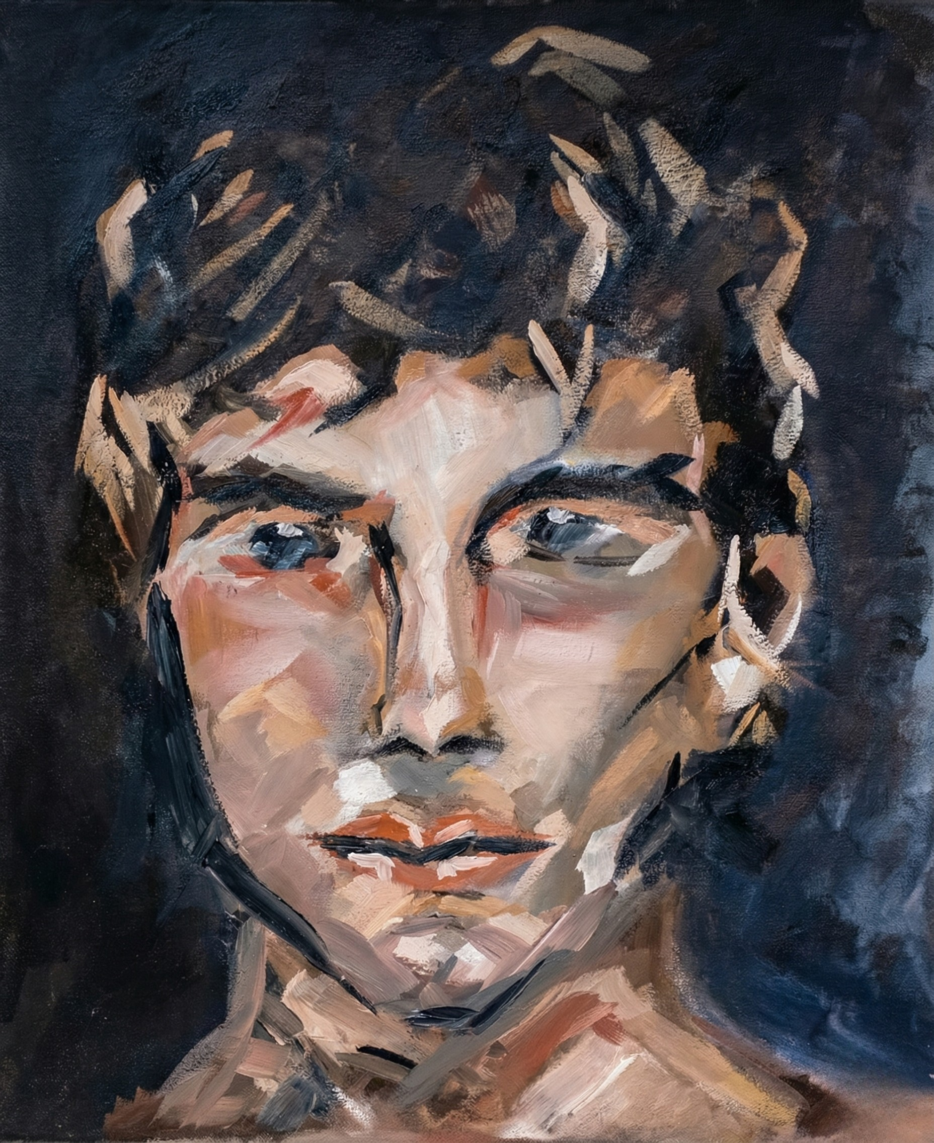 Figurative oil portrait with a direct, serious gaze by London-based deaf artist Daniel Hayden-Seymour, using broad, expressive brushstrokes to capture the intensity of non-verbal connection.