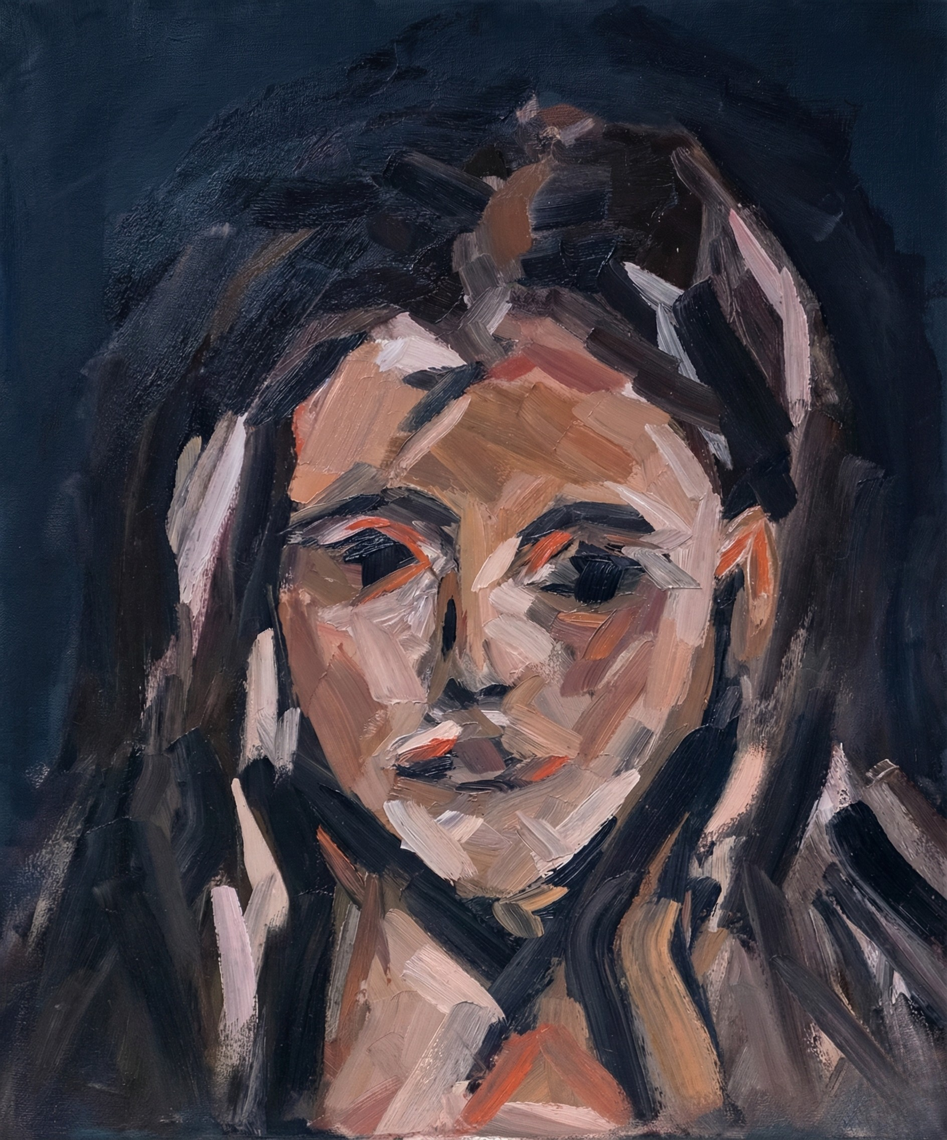 Contemporary figurative oil portrait by London deaf artist Daniel Hayden-Seymour, depicting a woman with dark hair and downcast eyes, rendered with bold, earthy brushstrokes capturing an inner silence.