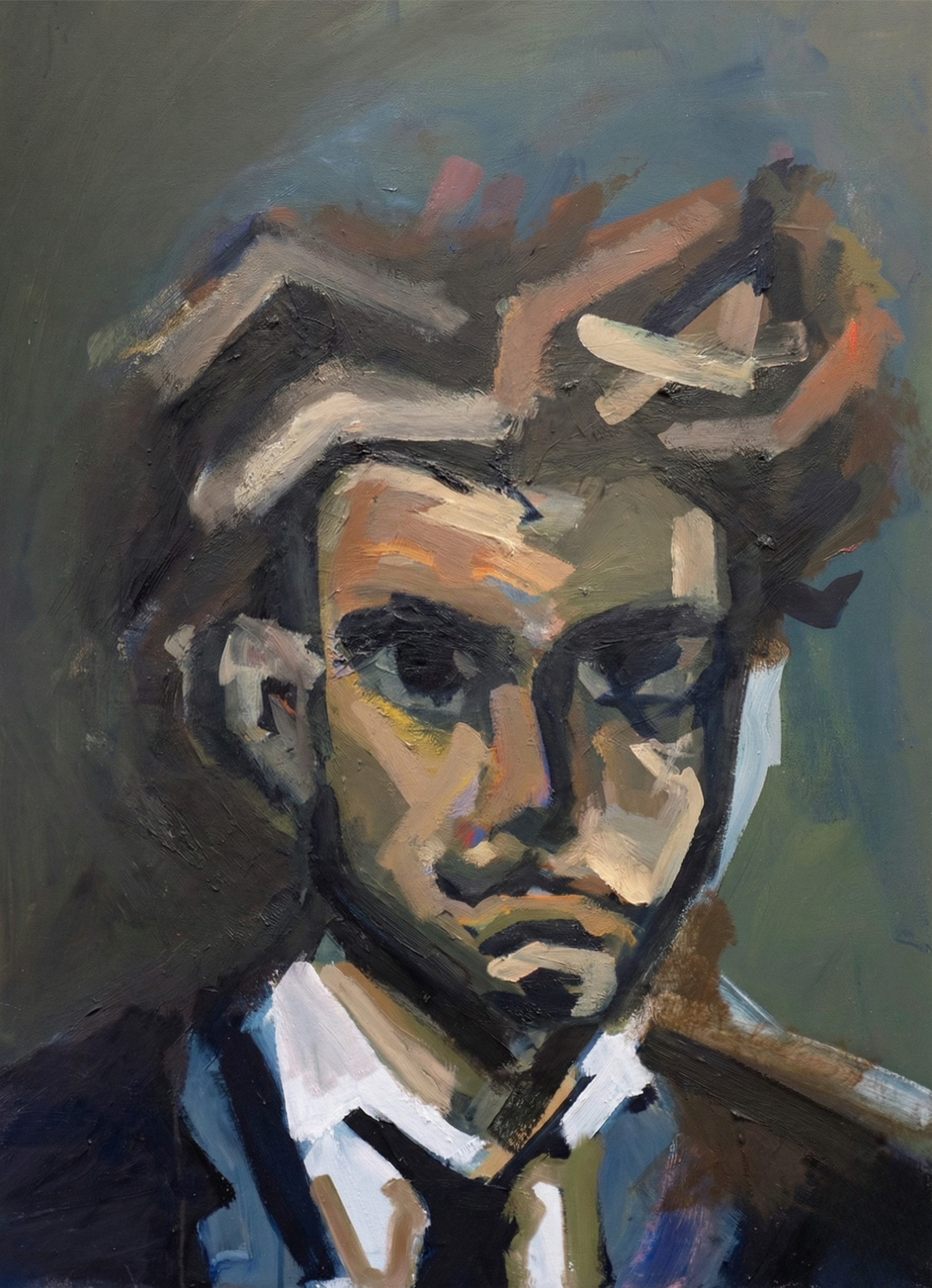 Oil portrait titled "An Artist in Politician's Clothing" by London deaf artist Daniel Hayden-Seymour, depicting a man in glasses and a suit, using fragmented brushwork to explore the anthroposemiotics of discomfort and adaptation.