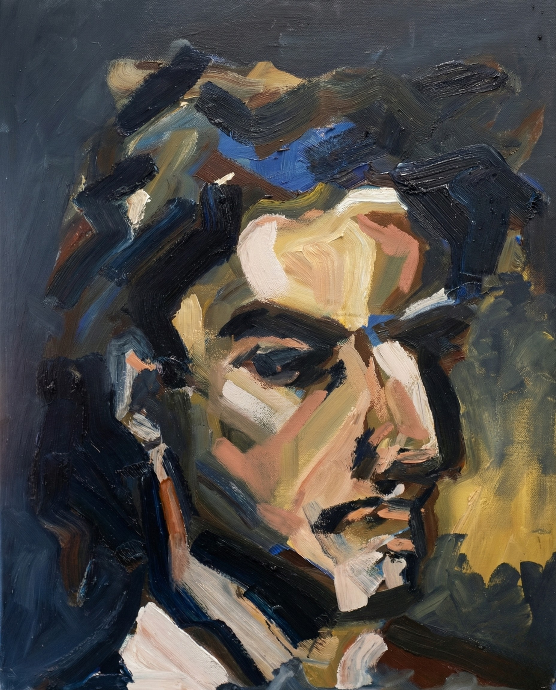 Contemporary oil painting by London deaf artist Daniel Hayden-Seymour, showing a man's face with dramatic shadows and highlights, rendered in a fragmented, gestural style that evokes silence.