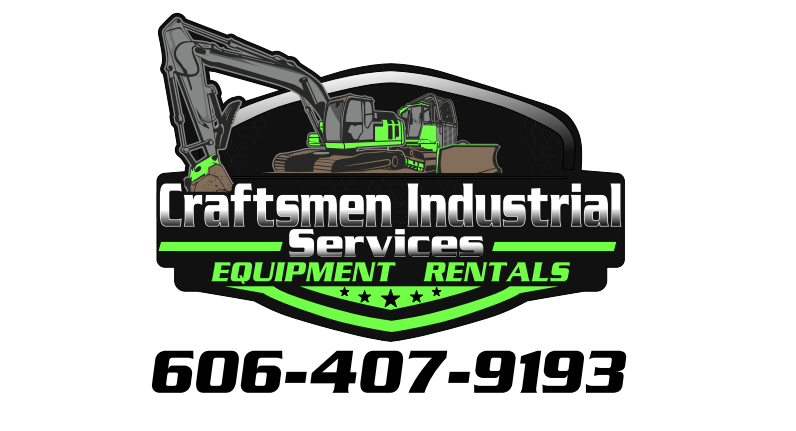 Logo for Craftsmen Industrial Services featuring an excavator, promoting equipment rentals, with a phone number 606-407-9193.