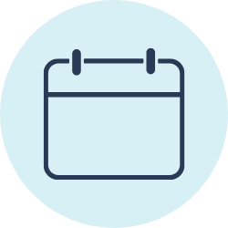 Icon of a calendar with two binder rings at the top, set against a light blue circular background.