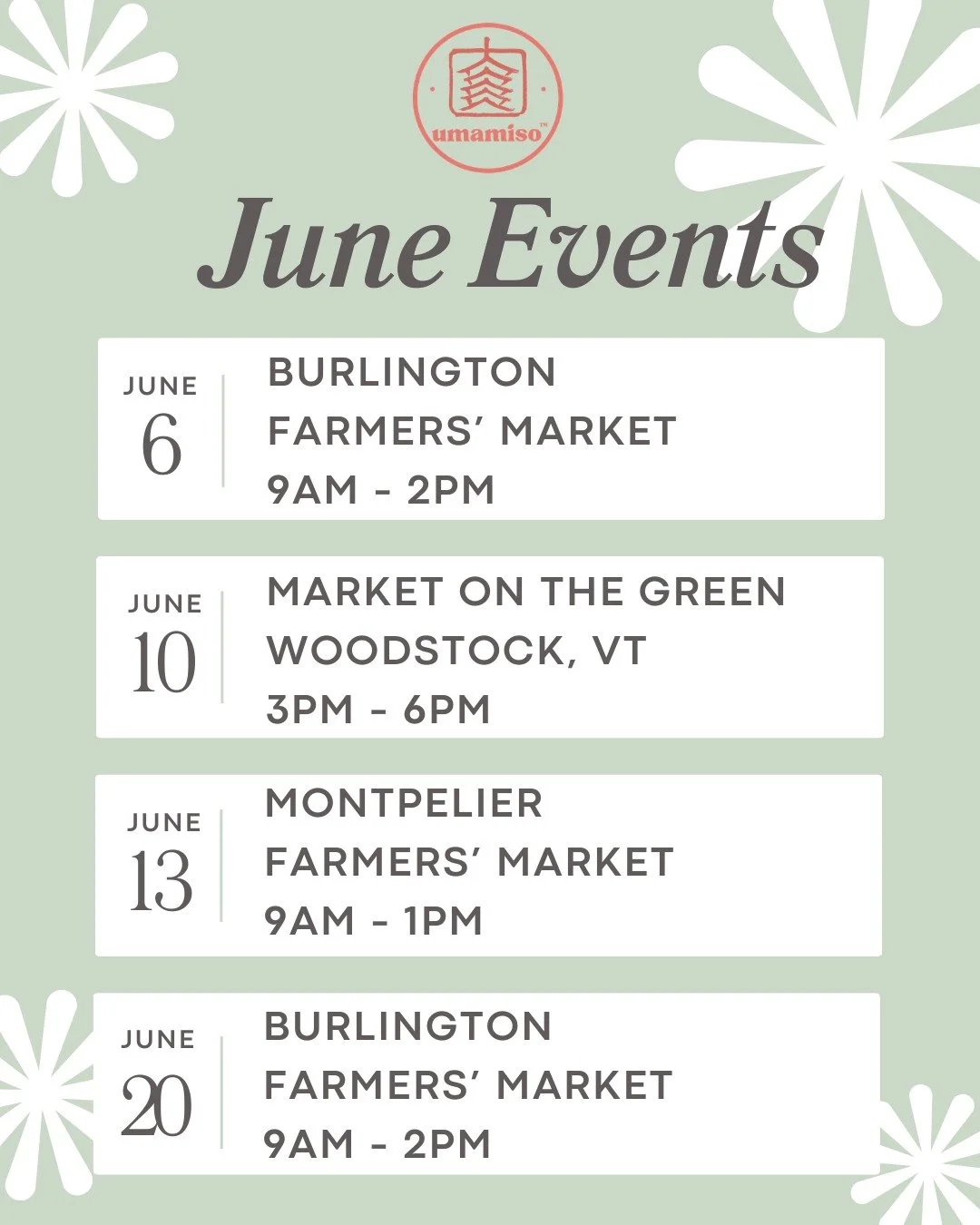 Happy June! It's hard to believe it's already June but we're excited to join all of these markets this month 🌿 Save these dates and hope to see lots of you there! 🎉
