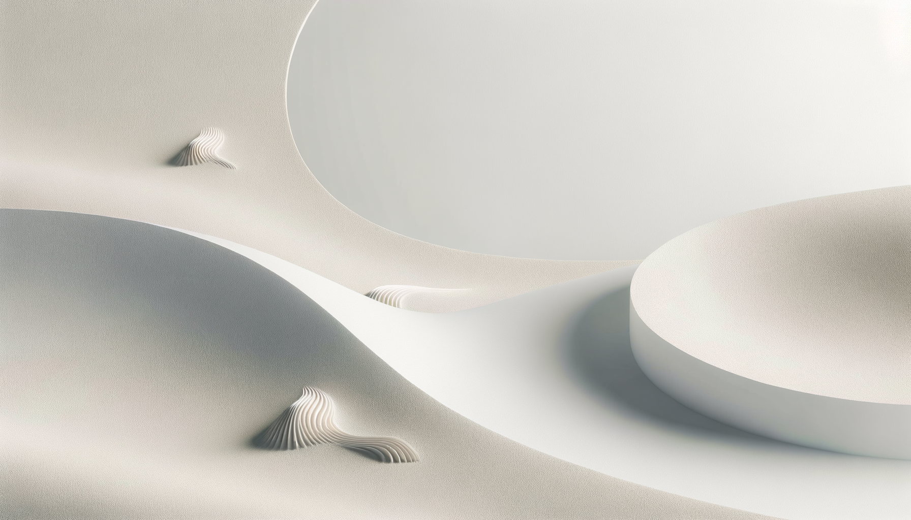 Abstract minimalist scene with smooth, curved surfaces in light gray and white tones, featuring a large round platform and textured, wavy formations resembling seashells.