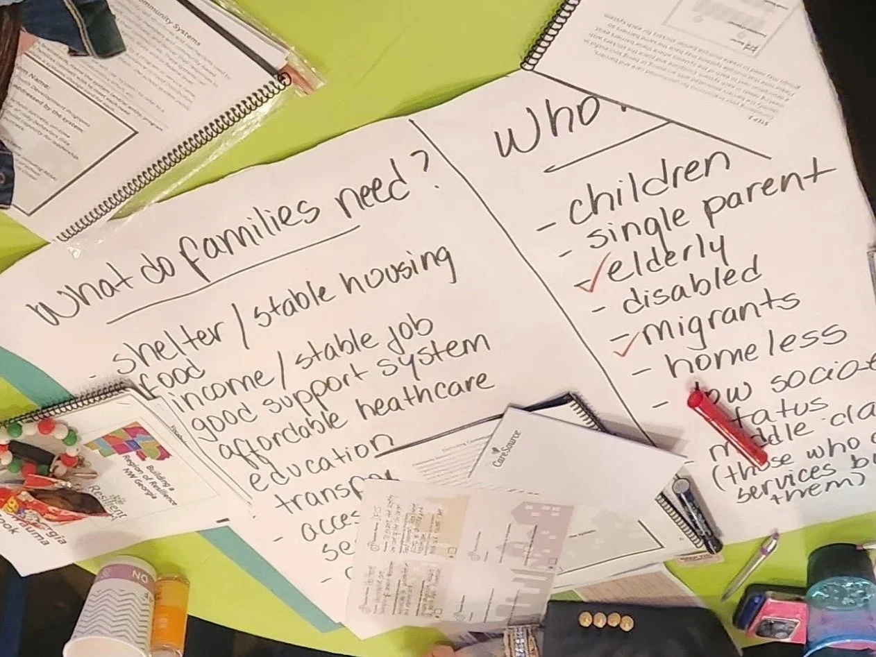 A large white poster with handwritten notes discussing the needs of families, with topics such as shelter, stable housing, income, healthcare, and transportation, on a green table surrounded by various office supplies and papers.