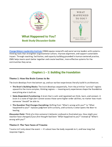 Page from a book or study guide titled 'What Happened to You? Book Study Discussion Guide' with text about social service leadership, trauma, and healing.