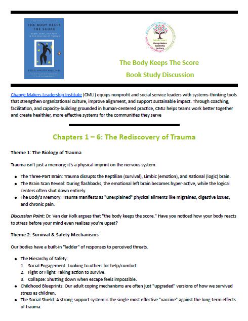 Page titled 'The Body Keeps The Score Book Study Discussion' with a logo of a tree with colorful leaves and a book icon, discussing chapters 1-6 about trauma rehabilitation, stressors, and survival mechanisms.