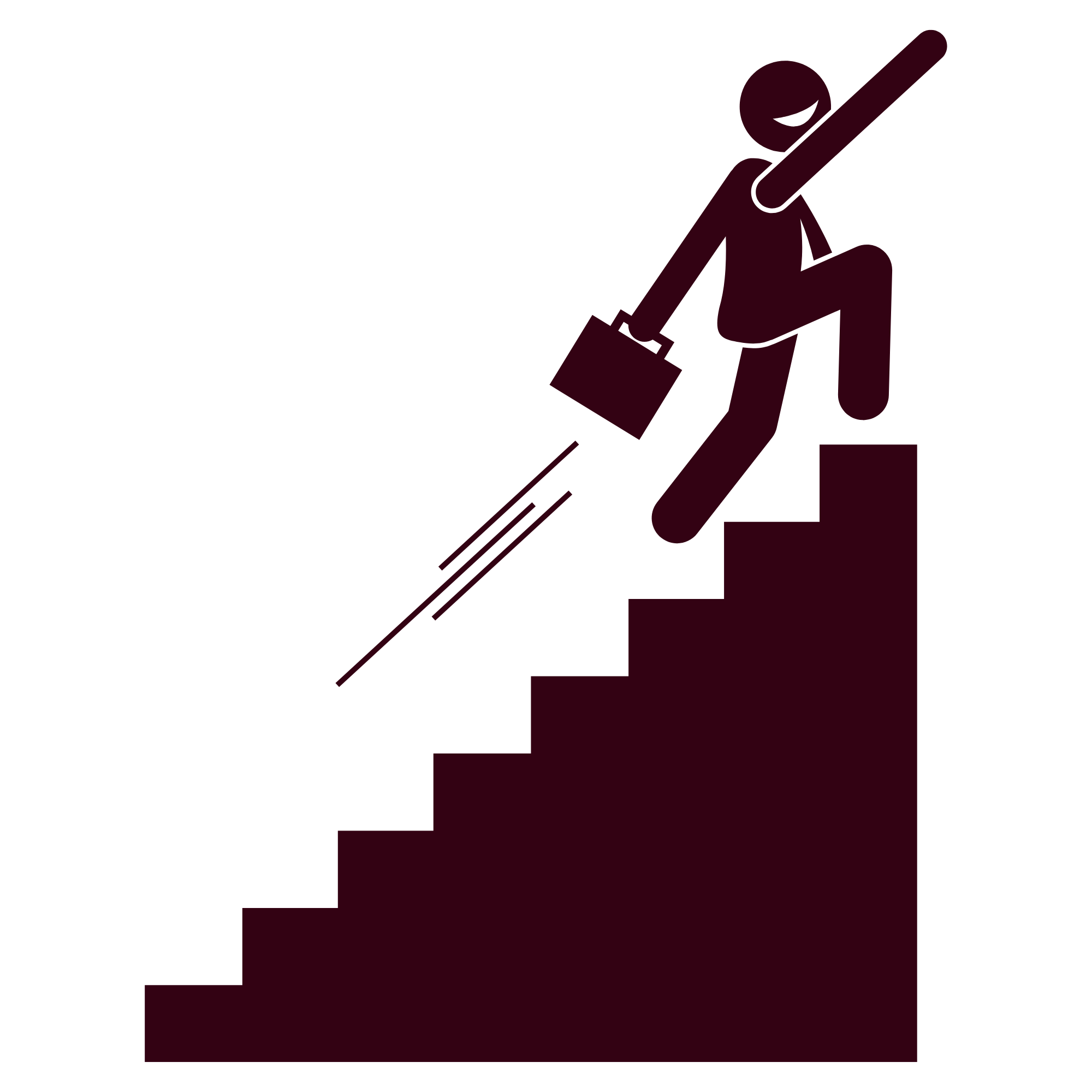 A digital illustration of a person climbing stairs with a briefcase, similar to a line art style, colored in deep burgundy against a black background.