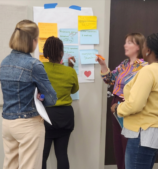 Four women collaborating and discussing ideas in front of a flip chart with sticky notes during a meeting.