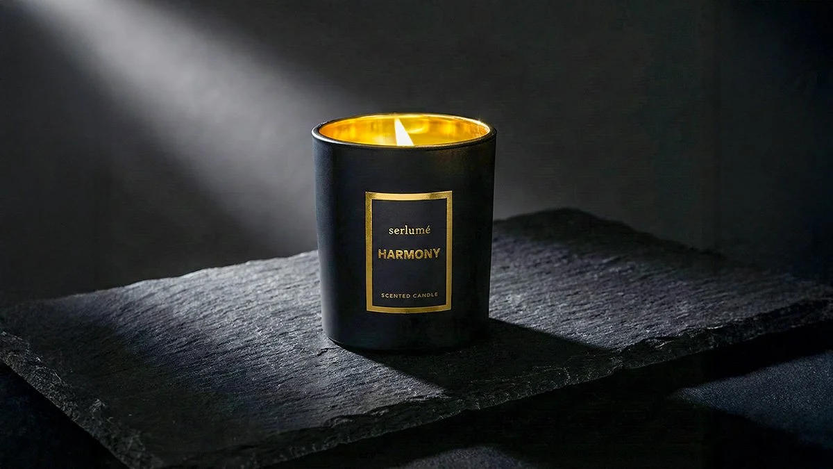 A black scented candle with a gold interior, labeled 'serlumé HARMONY,' placed on a dark textured surface in a dimly lit setting.