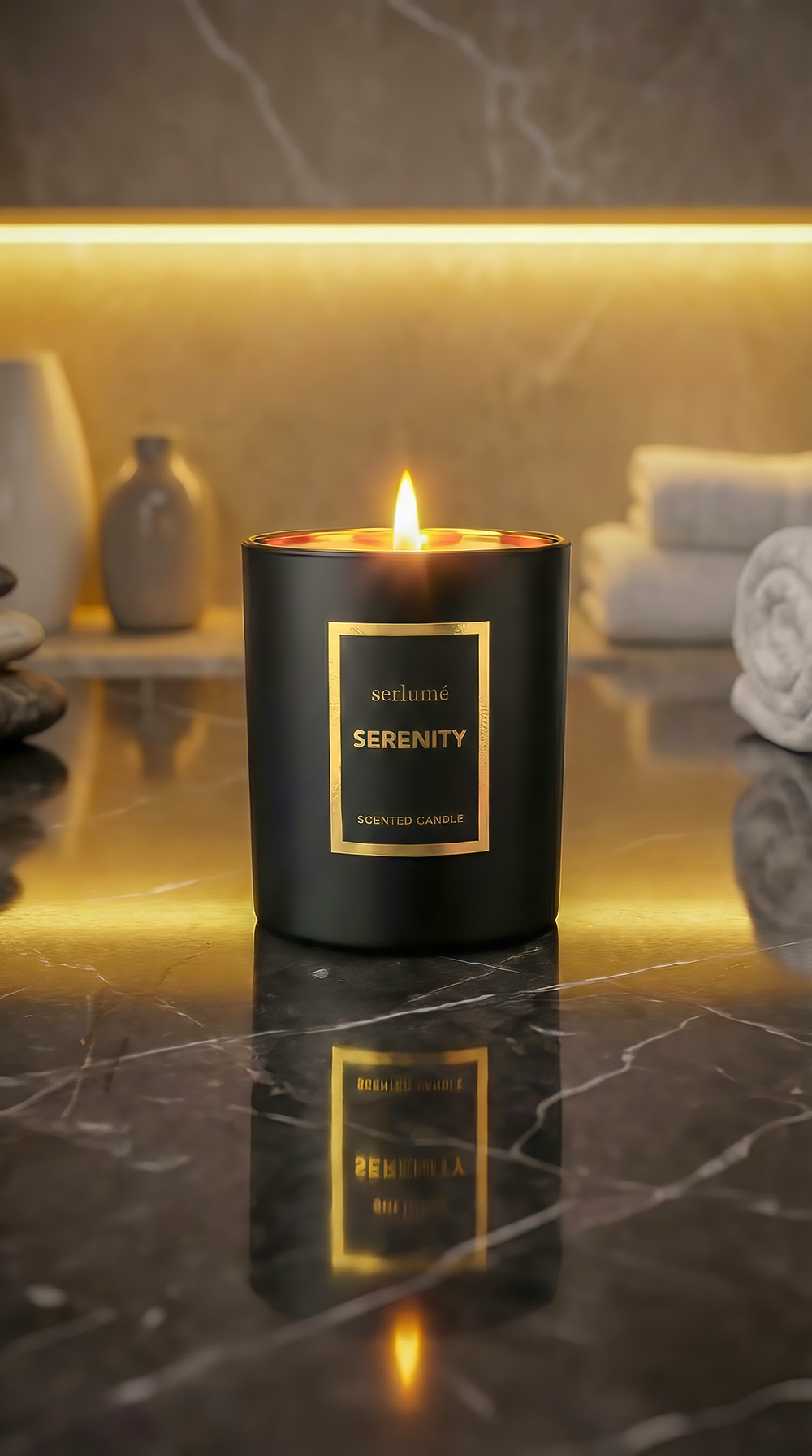 A black scented candle labeled 'Serlenity' with a small flame on top, placed on a black marble surface. The background includes vases and rolled towels, illuminated by warm ambient lighting.