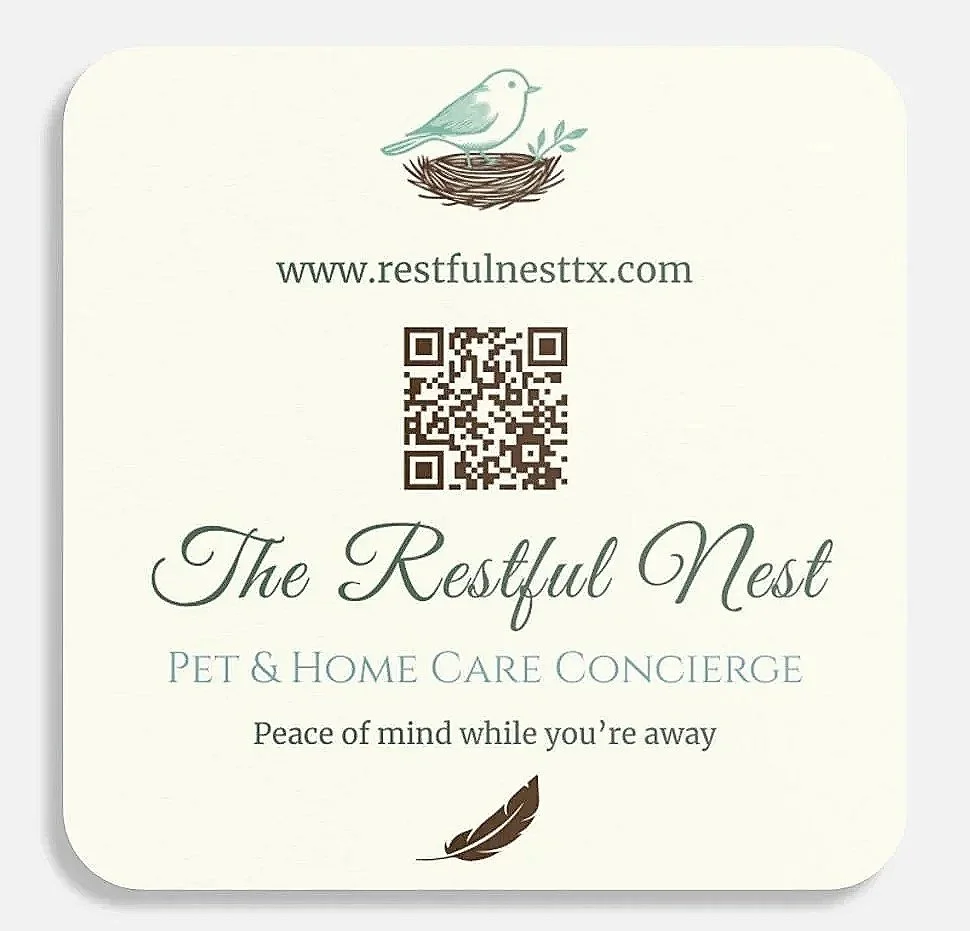 Business card for The Restful Nest, pet and home care concierge, with a bird illustration at the top, a QR code in the center, and a feather illustration at the bottom.
