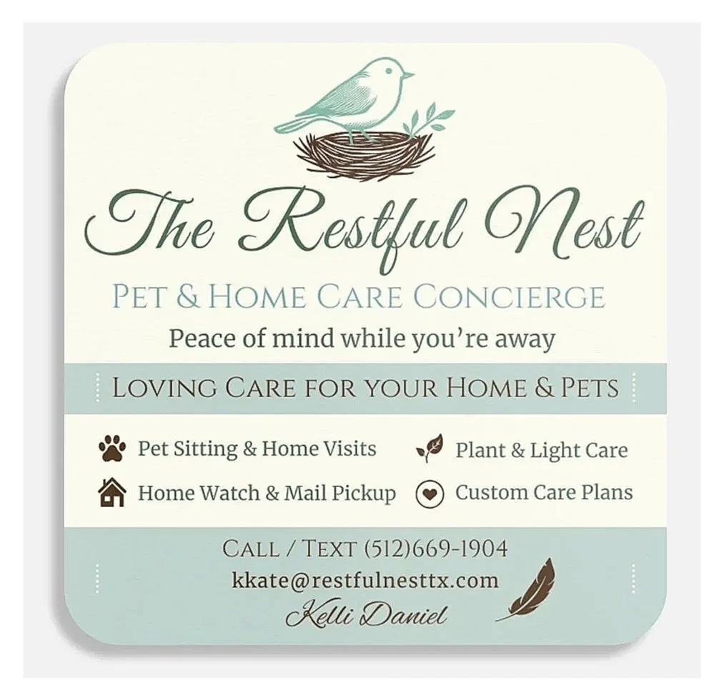 Business card for The Restful Nest Pet & Home Care Concierge with a bird and nest illustration, contact information, and list of services offered.