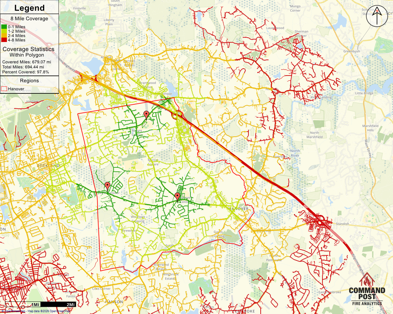 Map showing fire coverage areas of Hanover and surrounding regions with color-coded zones indicating the distance from the fire station, covering approximately 680 miles, with a legend, coverage statistics, and fire station locations.