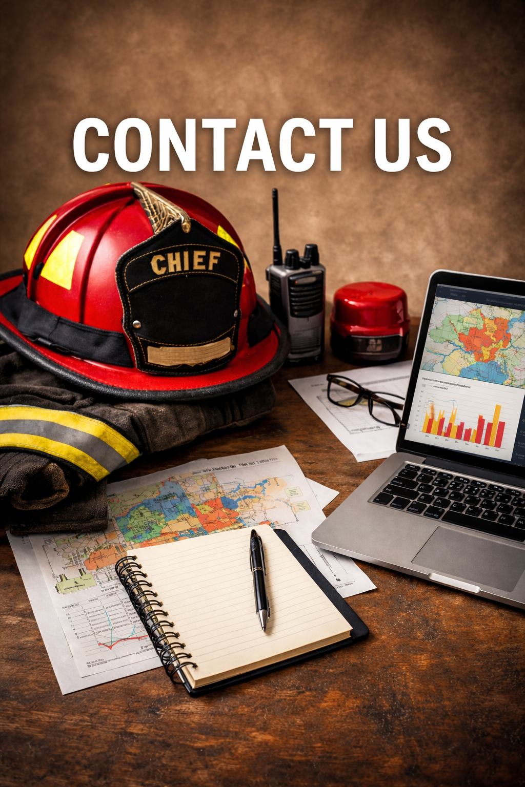 Firefighter equipment including a red helmet with a 'Chief' badge, clothing, a walkie-talkie, charts with maps, a laptop displaying graphs and maps, a notebook with a pen, and eyeglasses on a wooden desk.