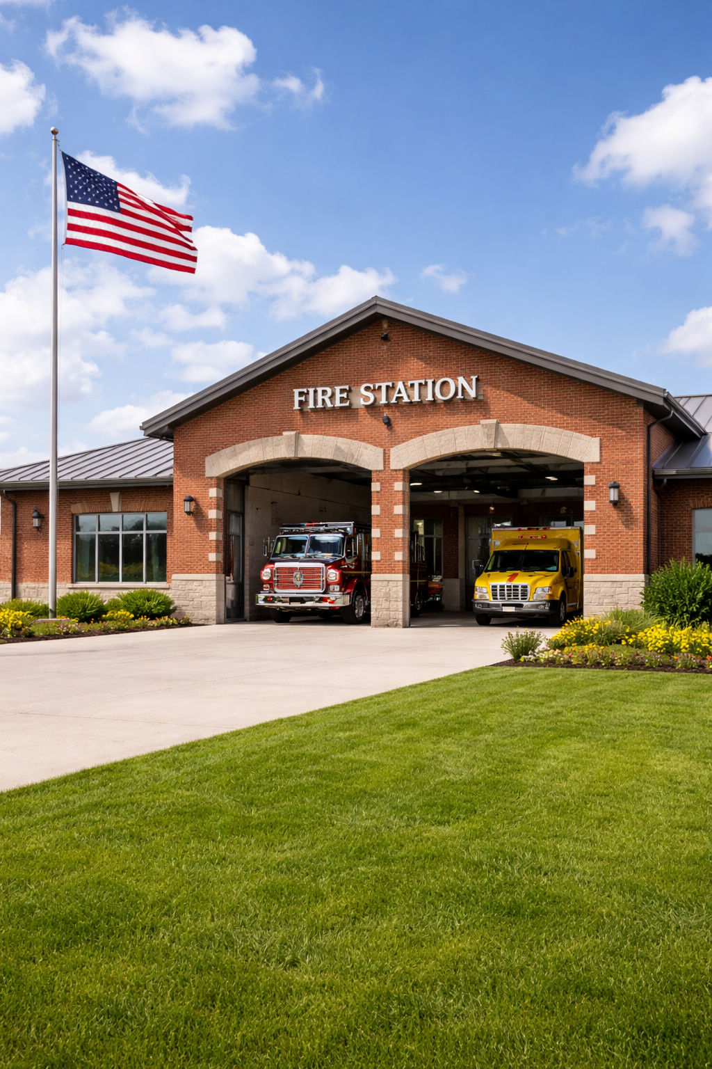 A fire station with two fire trucks and an American flag flying outside on a sunny day.