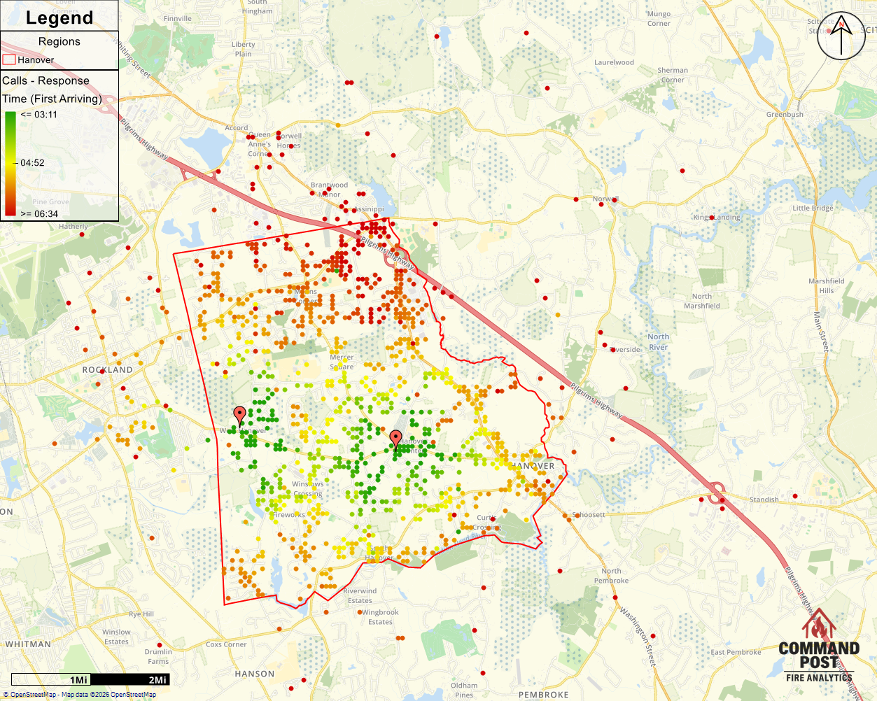 Map showing fire response call times in different areas of a city, with color-coded dots indicating response times from green (fast) to red (slow), and a red outline marking a specific zone.