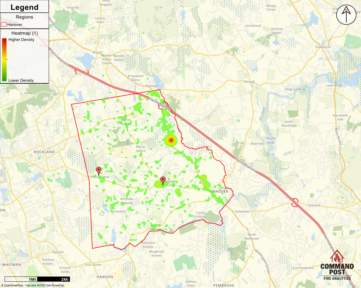 Map showing wildfire heatmap and perimeter in Hanover, with marked points and roads. Heatmap indicates areas of higher and lower fire density.