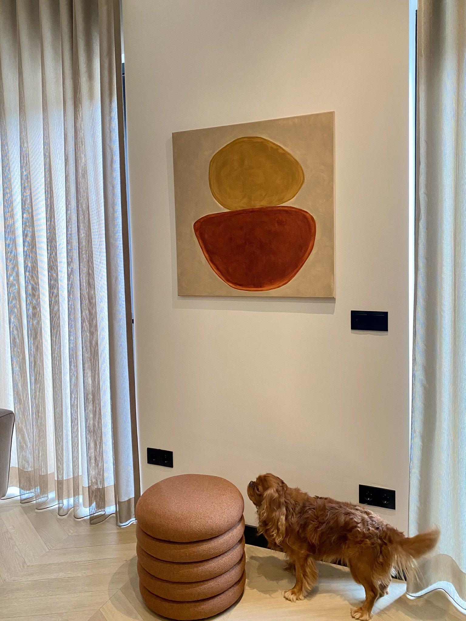 Een woonkamer met een abstract schilderij met gele en oranje vormen aan de muur, een stappenbank en een klein hondje dat naar de muur kijkt.
