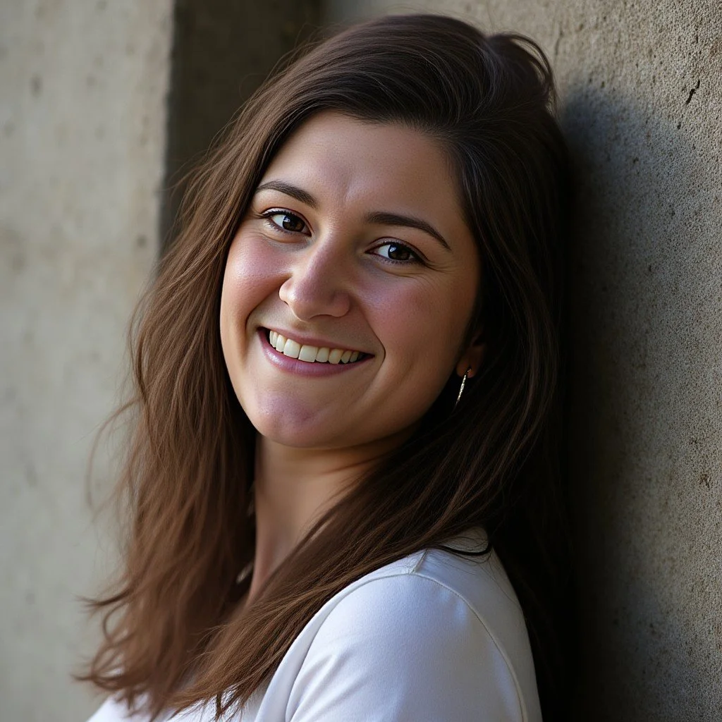 A young woman with long brown hair, smiling and wearing a white top, leaning against a concrete wall outdoors.