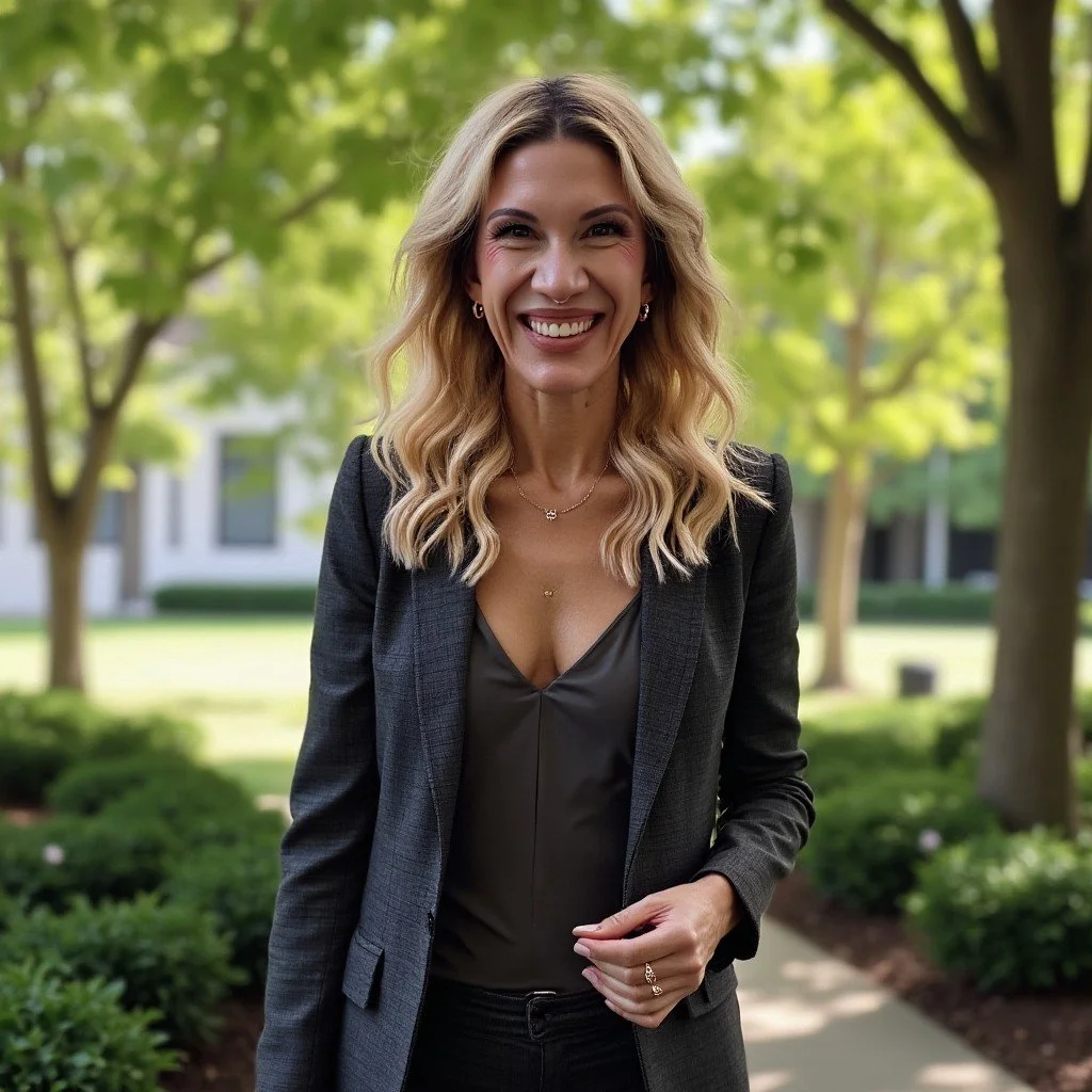 A woman with wavy blonde hair smiling outdoors. She is wearing a black blazer over a dark top, surrounded by greenery and trees.