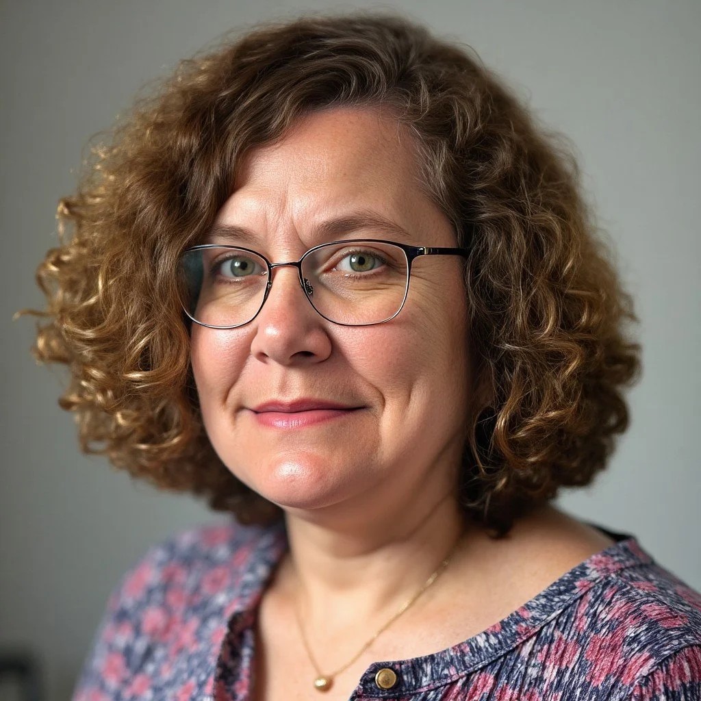 A woman with curly brown hair, wearing glasses and a floral top, smiling slightly at the camera.