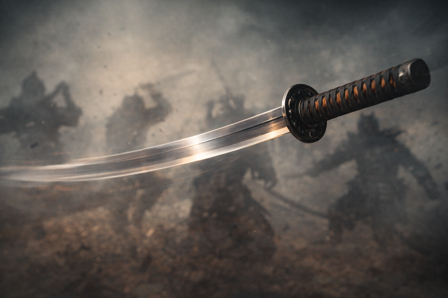 Close-up of a katana sword with a textured handle and a curved blade, resting on a dark, textured surface.