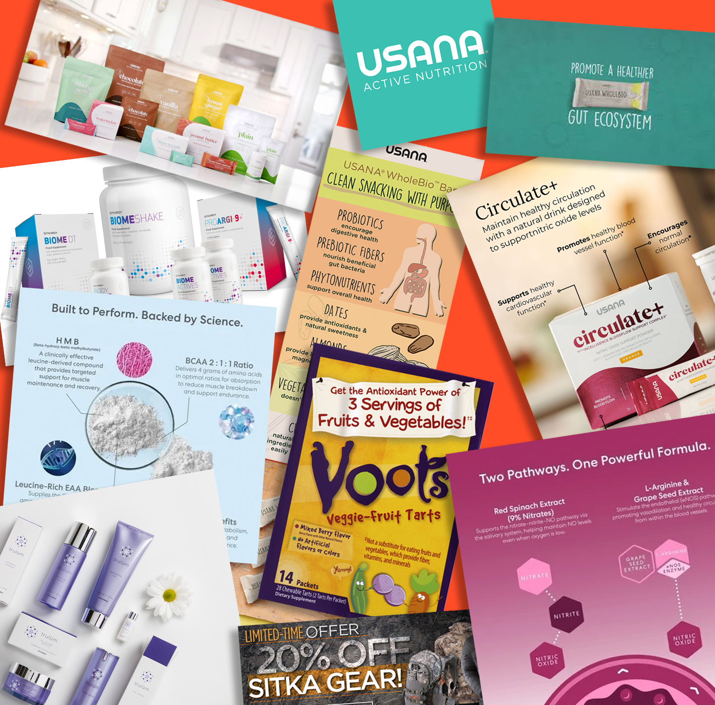 Collage of health and nutrition product brochures, supplements, and promotional materials, including USANA products, probiotics, supplements, an antioxidant veggie tart, and skincare items.