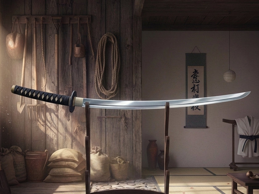 A samurai sword on a wooden display stand in a traditional Japanese room with wooden walls, hanging scroll, and tatami mats.