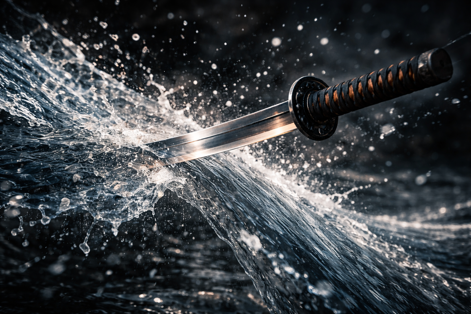 Close-up of a sword slicing through dark water with splashes and water droplets.