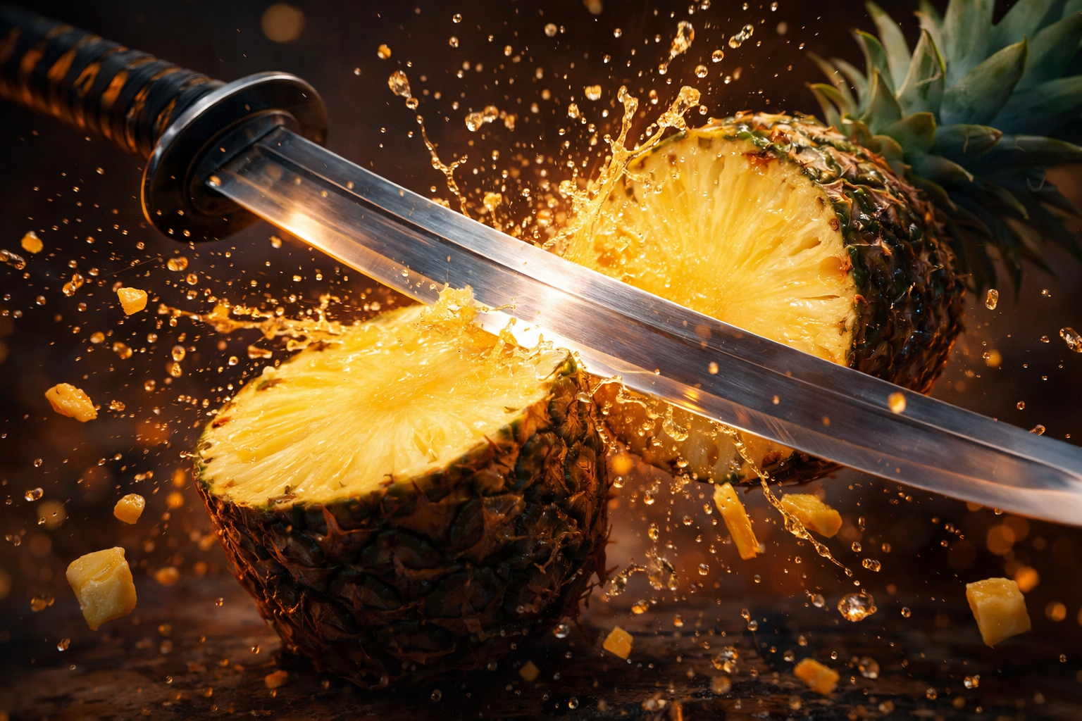 A pineapple being sliced with a knife, with pineapple pieces and juice flying in the air.