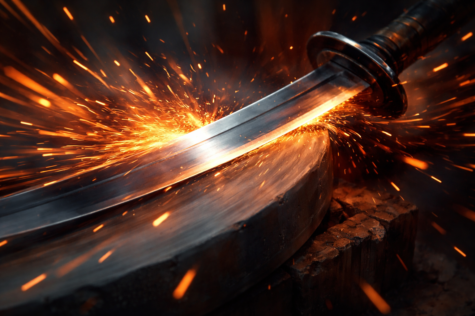 Image of a sword being sharpened on a stone with sparks flying.