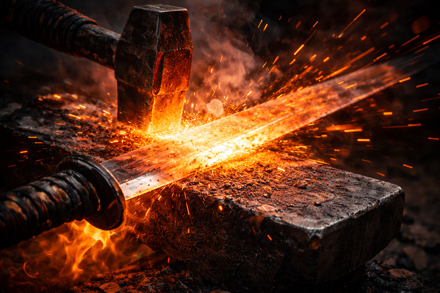 A blacksmith's hammer striking a hot metal piece on an anvil, creating sparks and sparks flying