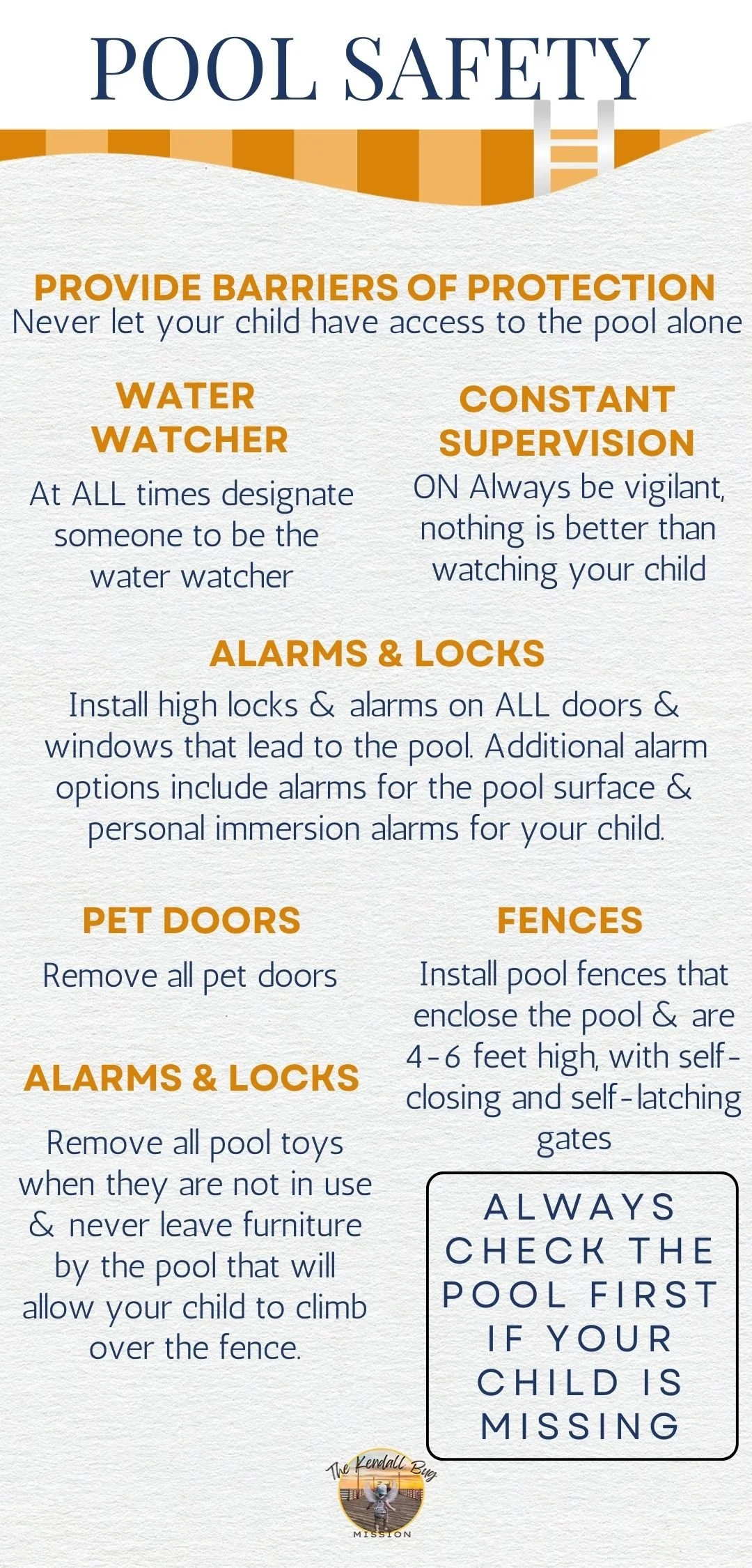 Pool safety tips including supervision, barriers, alarms, pet doors, fences, and safety checks.