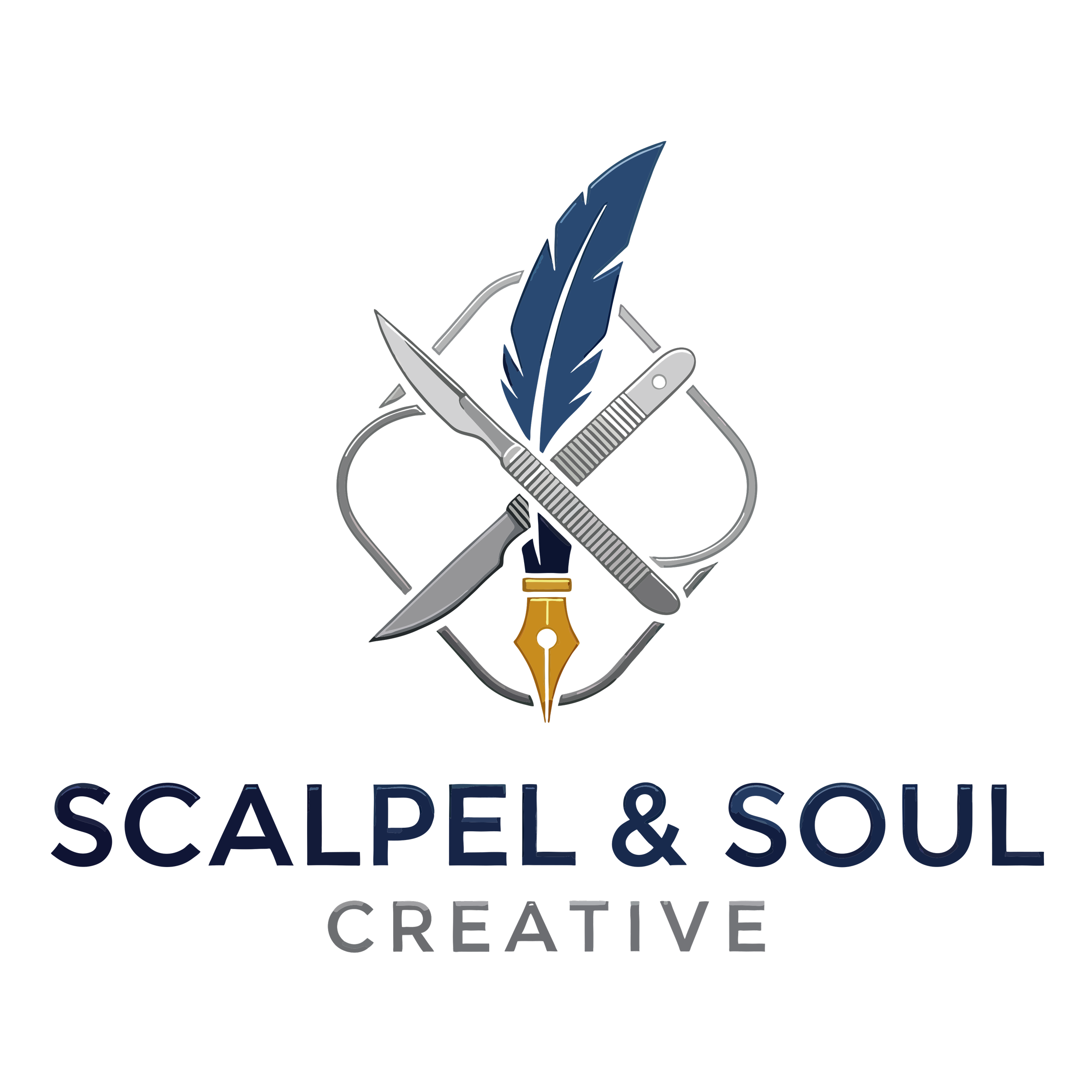 Logo for Scalpel & Soul Creative featuring a syringe, a pen nib, a scalpel, and a feather pen arranged in a cross with the company name underneath.