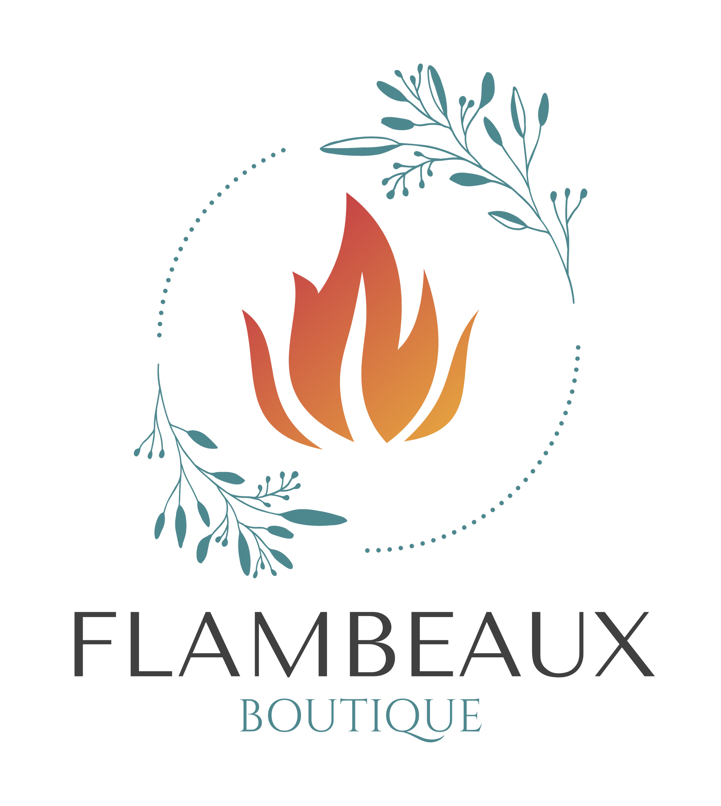 Logo for Flambeaux Boutique featuring a flame icon surrounded by decorative leaves and a dotted circle.