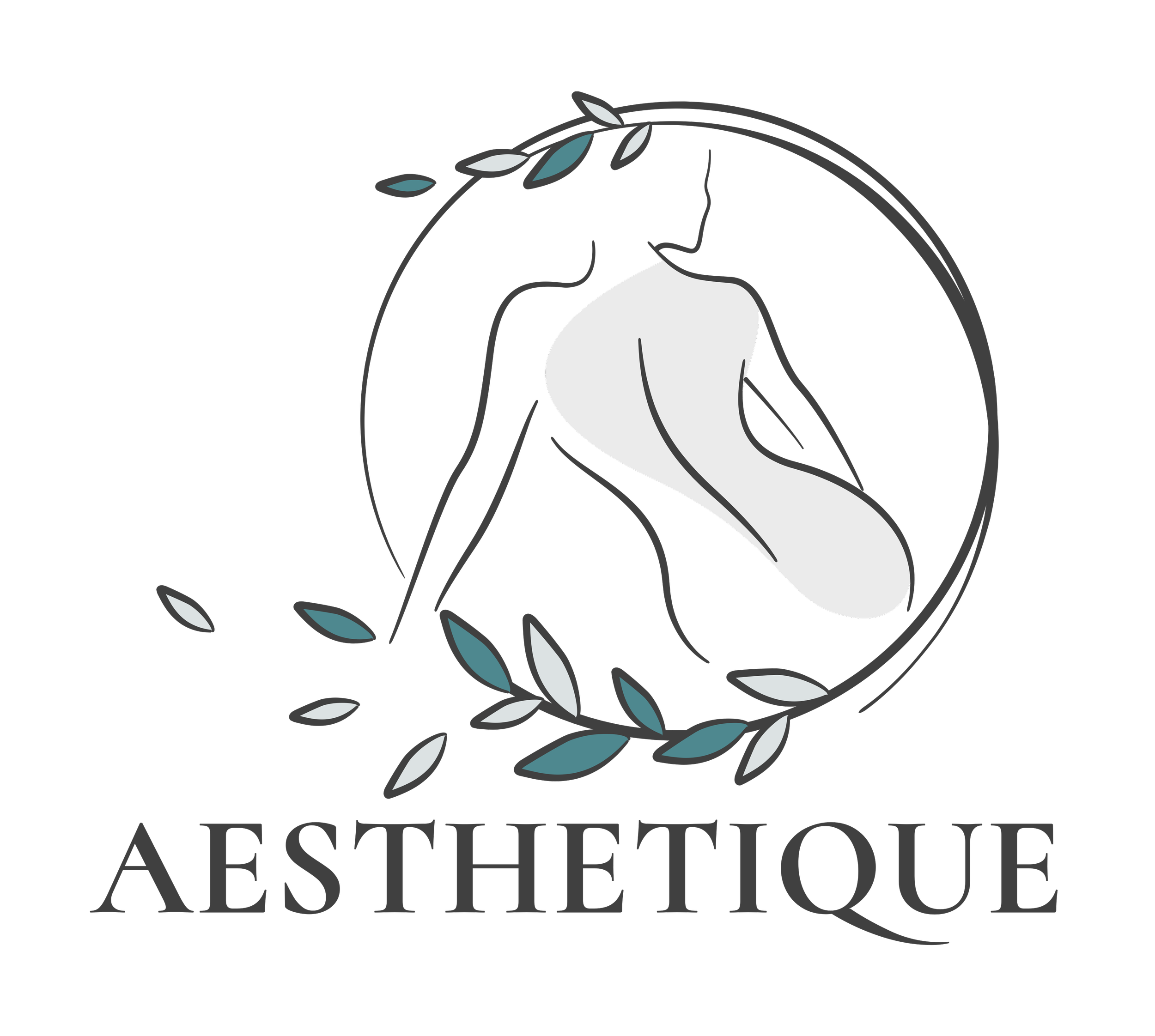 A logo featuring a stylized female figure with long hair, surrounded by a circular wreath of leaves, and the word AESTHETIQUE below.