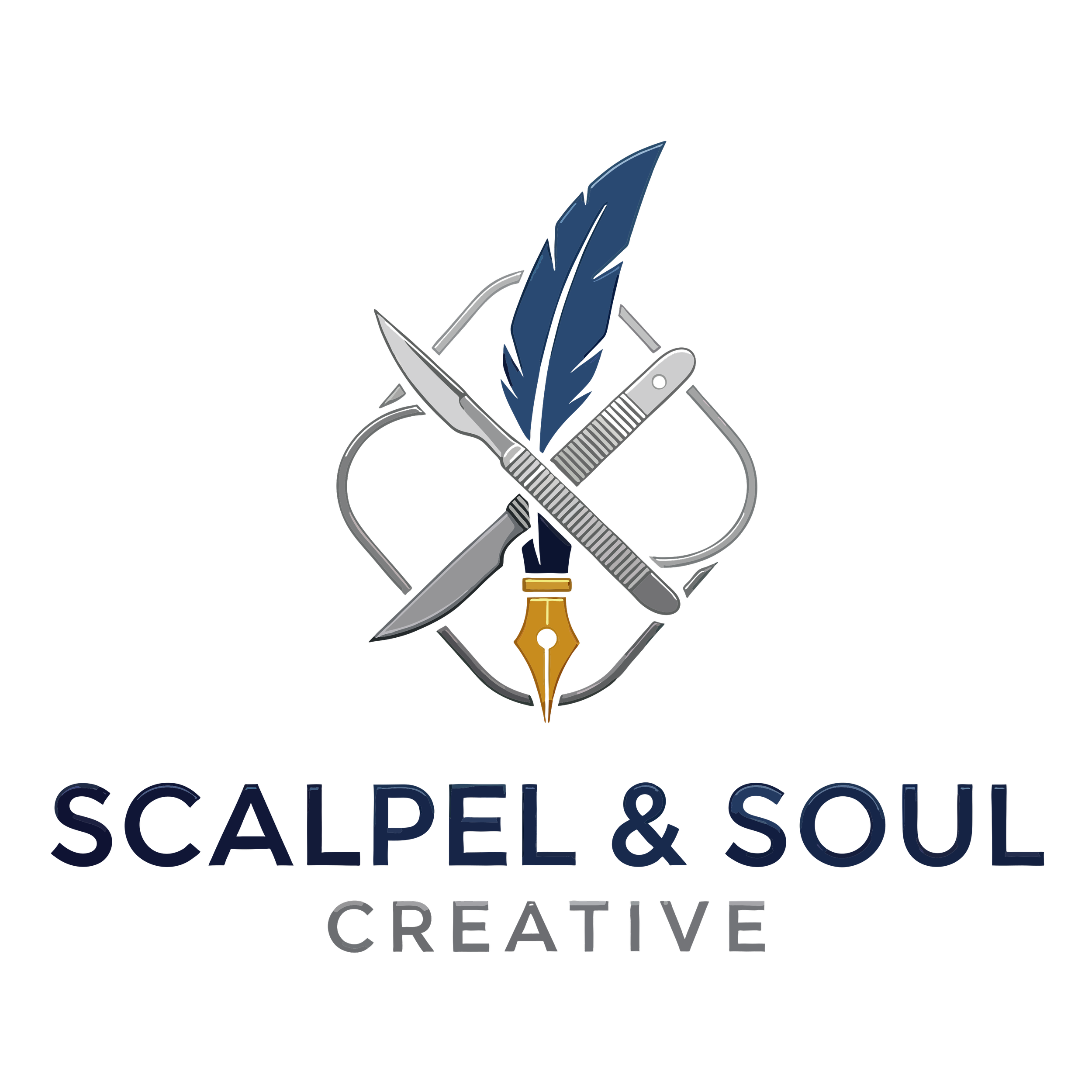 Logo for Scalpel & Soul Creative featuring a gold fountain pen nib, a blue feather, and a straight razor, with the company name written below.
