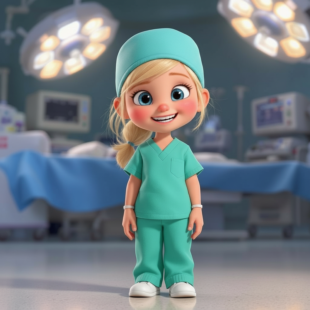 Animated girl dressed as a nurse, smiling, in an operating room setting.