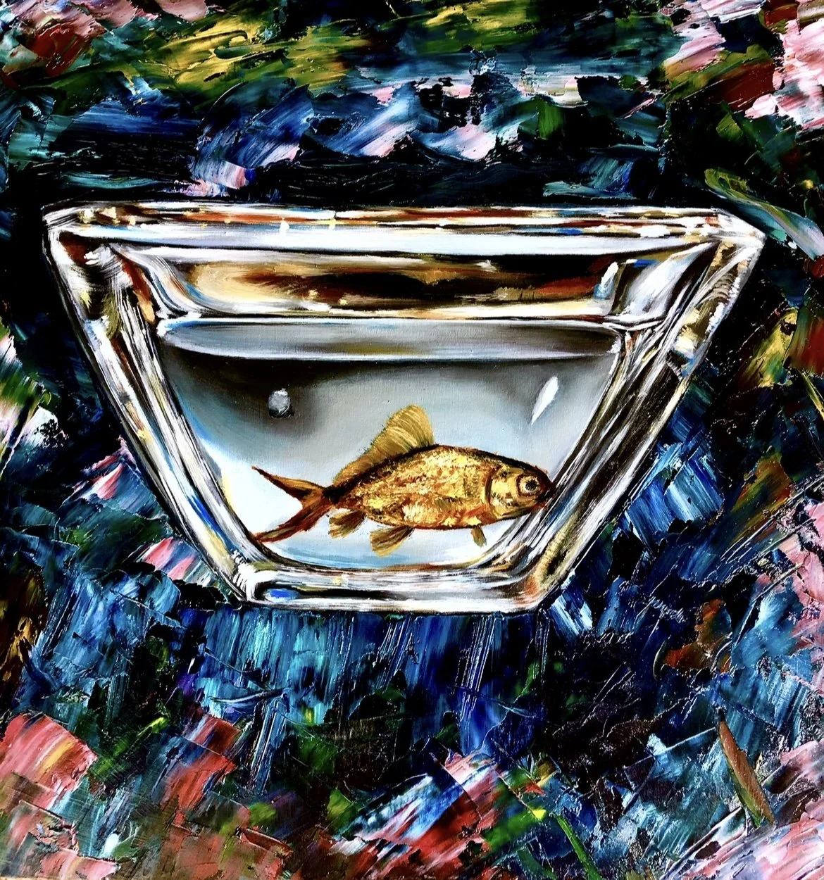 An artistic painting of a fish bowl with a single goldfish inside, set against a colorful, abstract background.