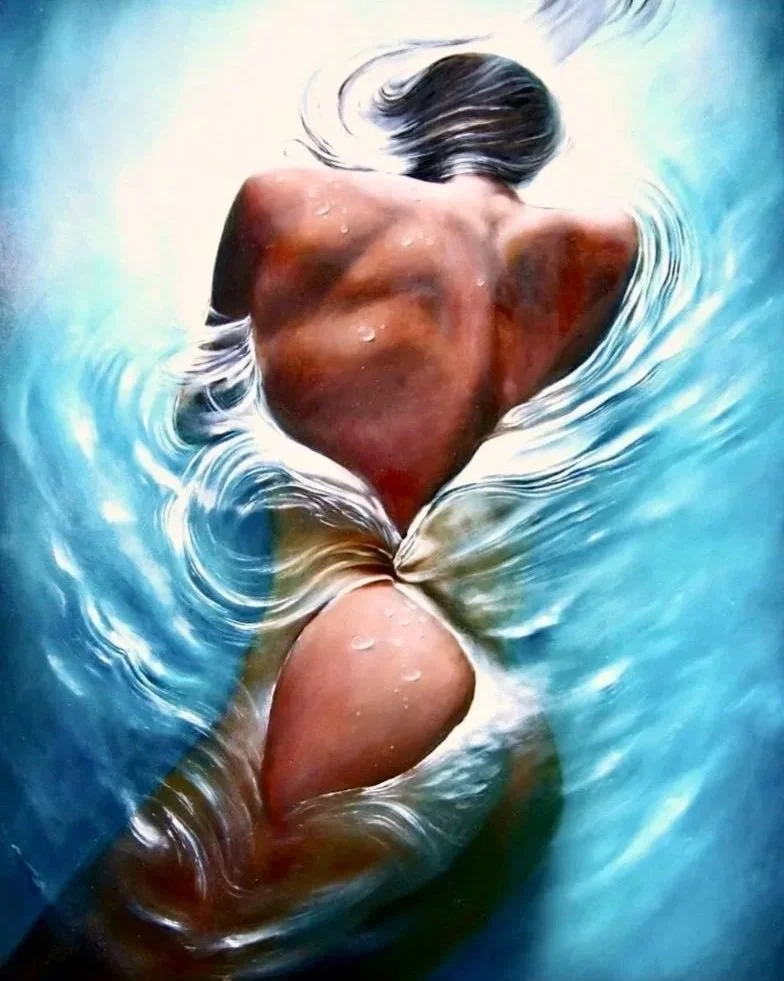 A painting of a woman swimming underwater, viewed from behind, with her head turned slightly to the side and her hair flowing backward.