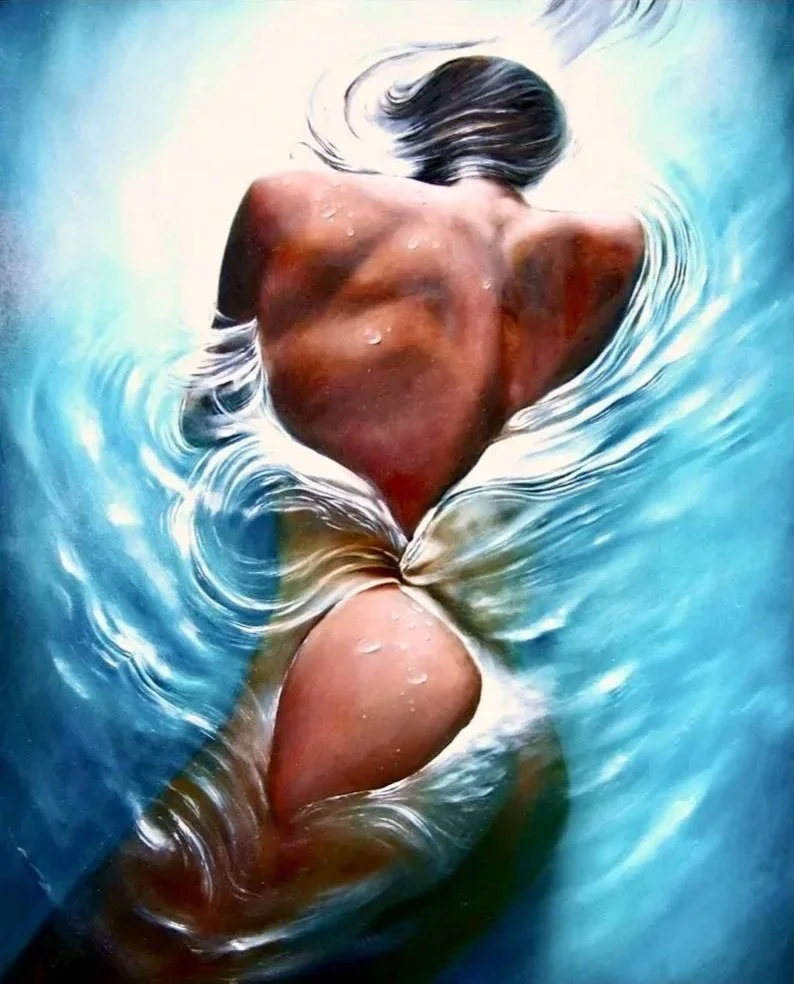Oil on panel, 36×24. A lone figure moves through water until the body becomes a vessel, holding and bending the surrounding light. Ribbons of current carve around the back and hips, blurring the line between flesh and reflection. The painting dwells 