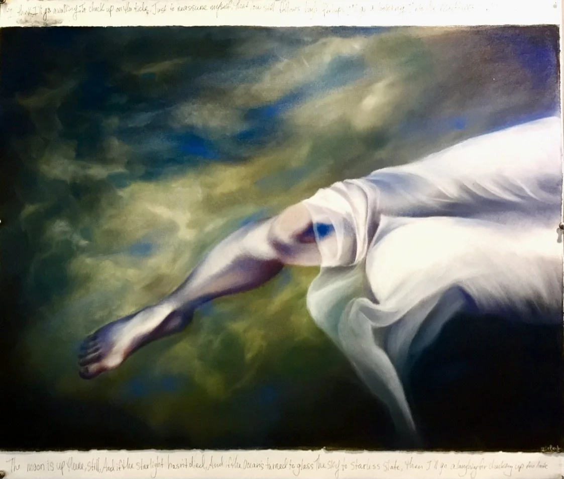 Chalk pastel on paper, 24 × 36. 

A single leg slips out from a sweep of white cloth, hovering over a field that reads as both water and sky. The figure appears mid-drift, neither anchored nor airborne, held at the threshold between elements. Liminal